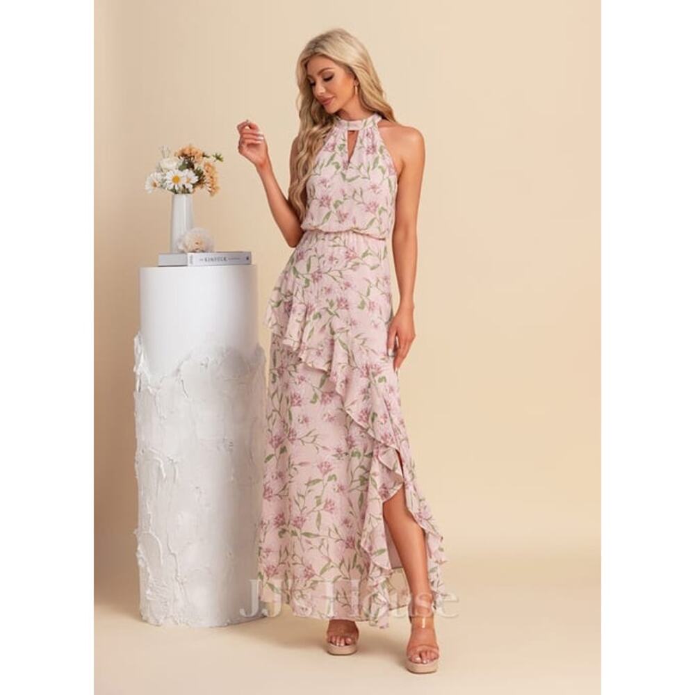 NWT JJ’s House Pink Floral Halter Chiffon Maxi Dress Size M Bridesmaid Wedding